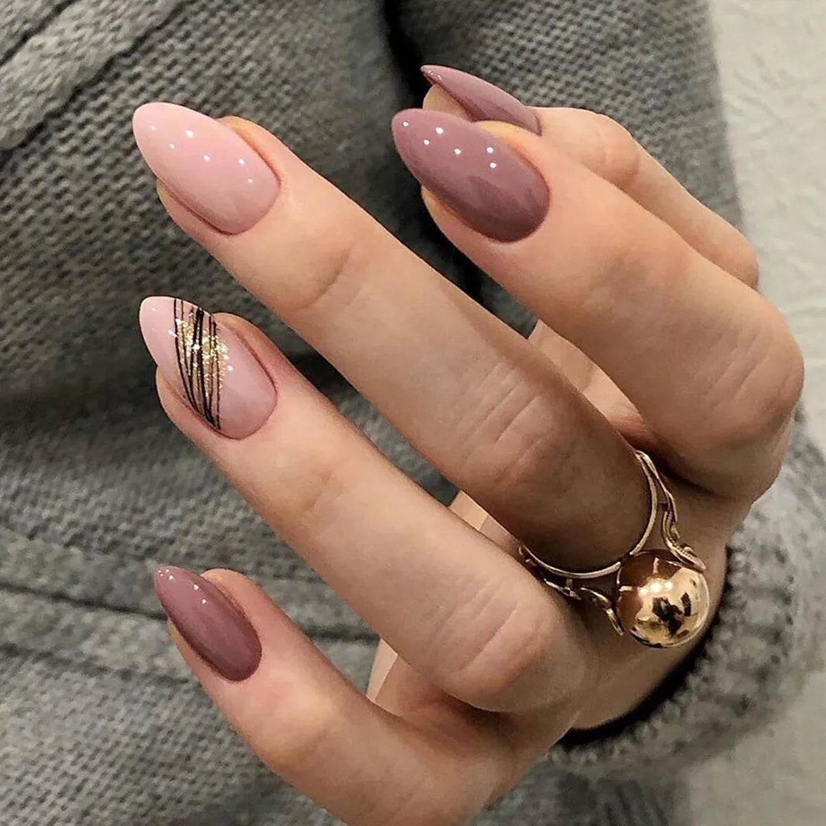 Faux Ongles Professionnels – Amande avec Ligne Dorée et Lotus Rose - Afrotix