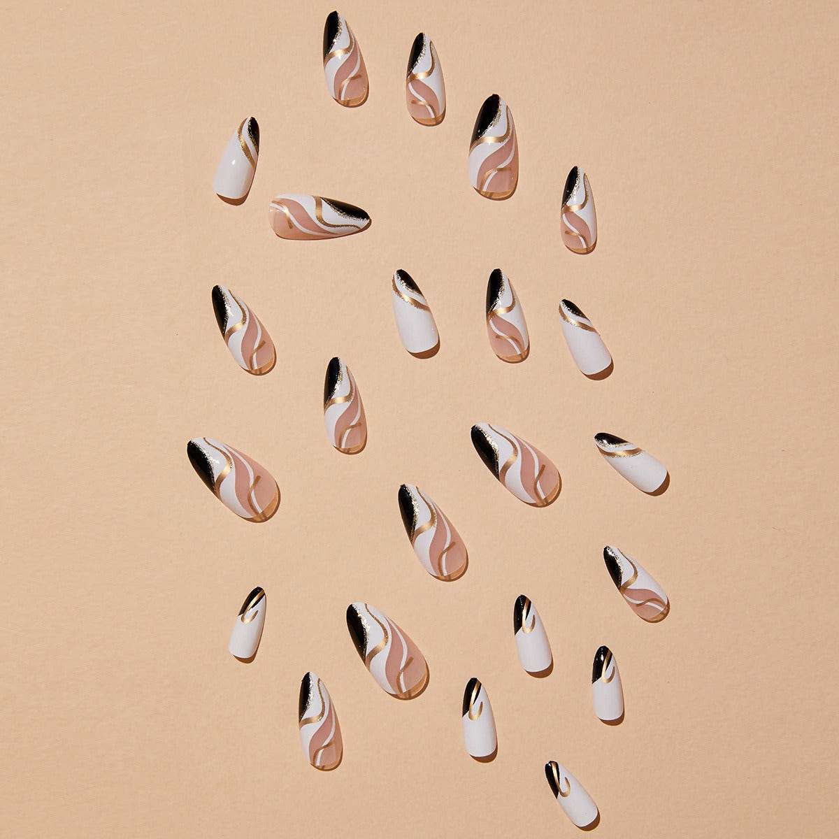 Manucure à Bords Français en Forme Amande, Couleur Mandarin Duck avec Ondulations Dorées - Ongles Amovibles - Afrotix