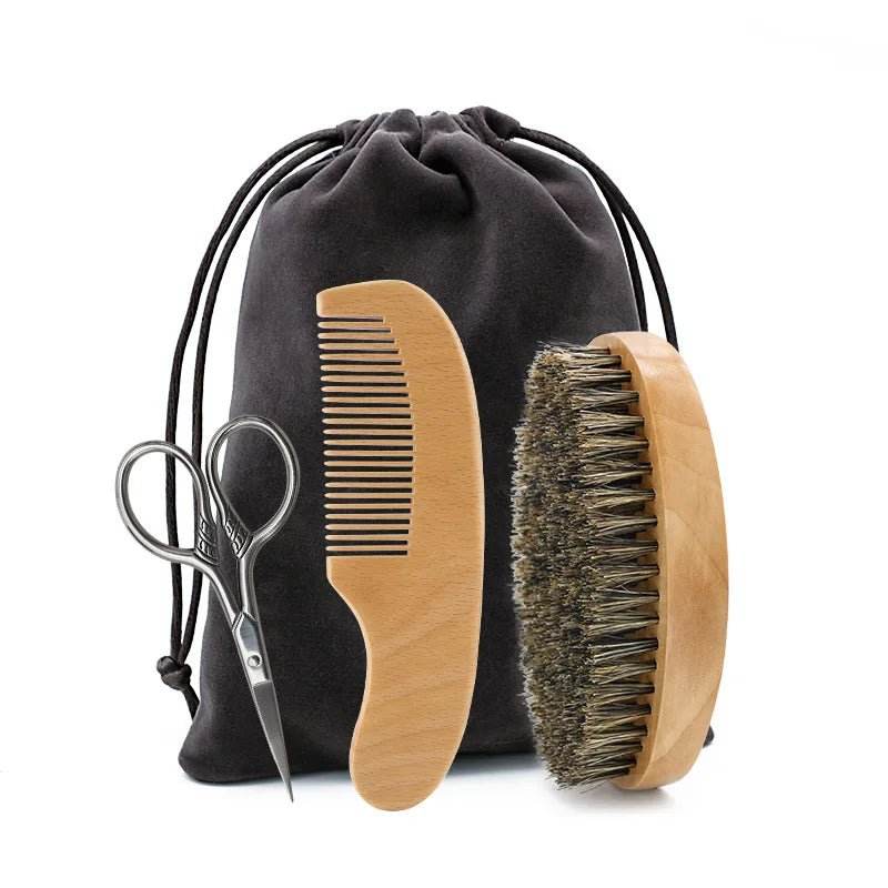Kit Brosse à Barbe en Poils de Sanglier – 3/4 Pièces avec Pochette Cadeau - Afrotix