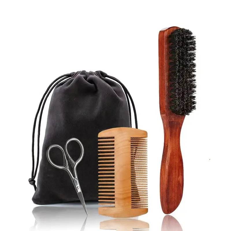 Kit Brosse à Barbe en Poils de Sanglier – 3/4 Pièces avec Pochette Cadeau - Afrotix