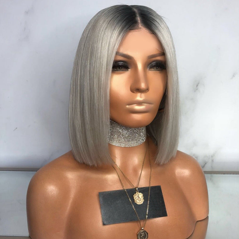 Peluca de mujer - Mitad negra mitad gris - Corte bobo recto - Cabello sintético