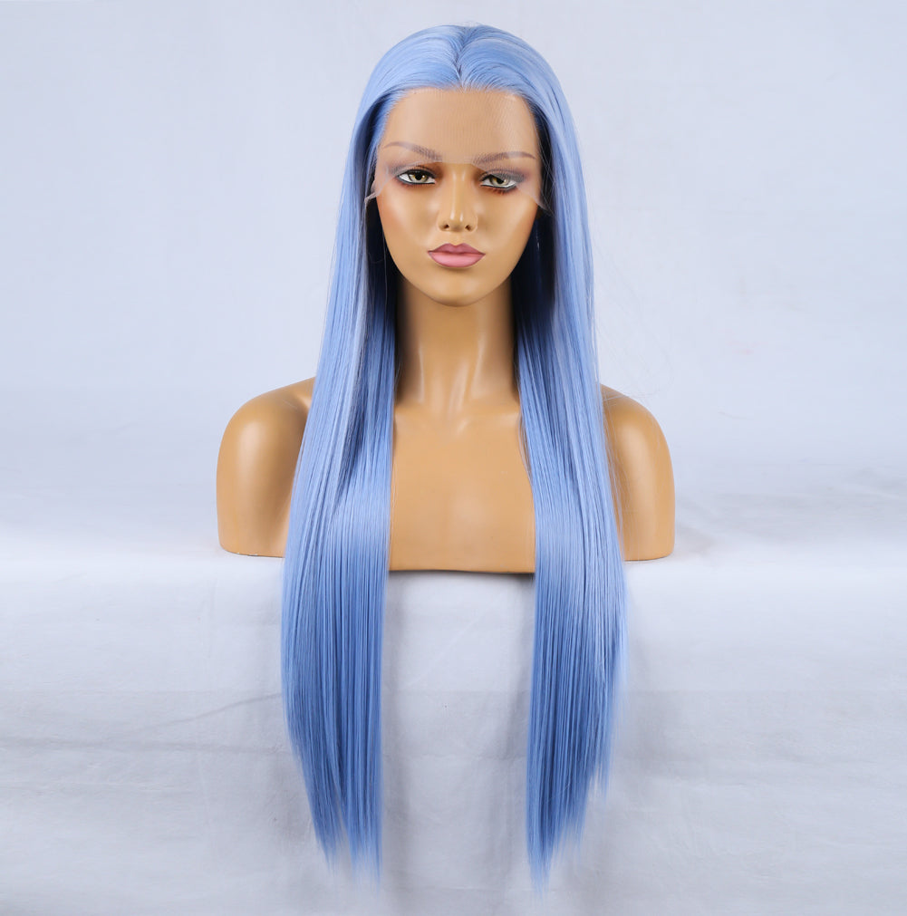 Fashion Hand Ditch 13 * 2.5 Chemical Fiber Front Lace Blue False Long Hair Head Cover Natural Hairline Wig eprolo