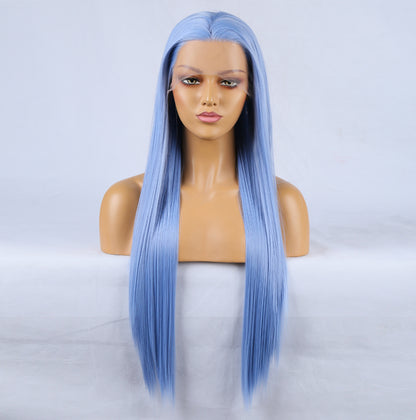 Fashion Hand Ditch 13 * 2.5 Chemical Fiber Front Lace Blue False Long Hair Head Cover Natural Hairline Wig eprolo