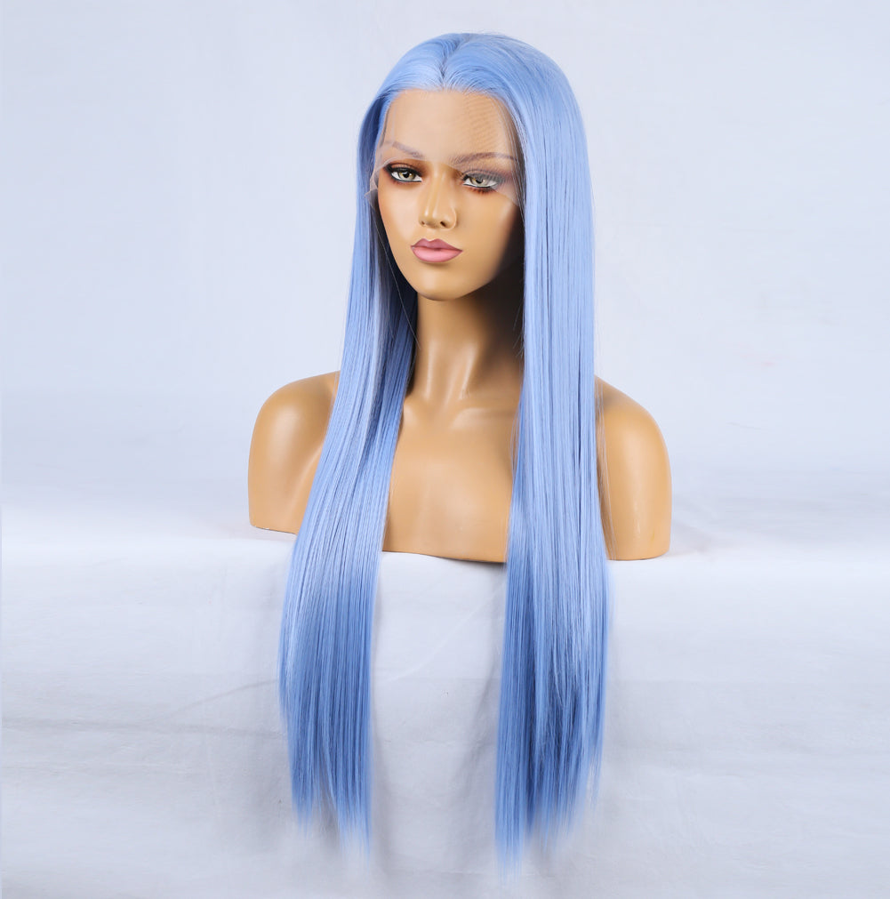 Fashion Hand Ditch 13 * 2.5 Chemical Fiber Front Lace Blue False Long Hair Head Cover Natural Hairline Wig eprolo
