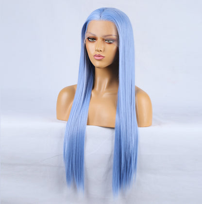 Fashion Hand Ditch 13 * 2.5 Chemical Fiber Front Lace Blue False Long Hair Head Cover Natural Hairline Wig eprolo