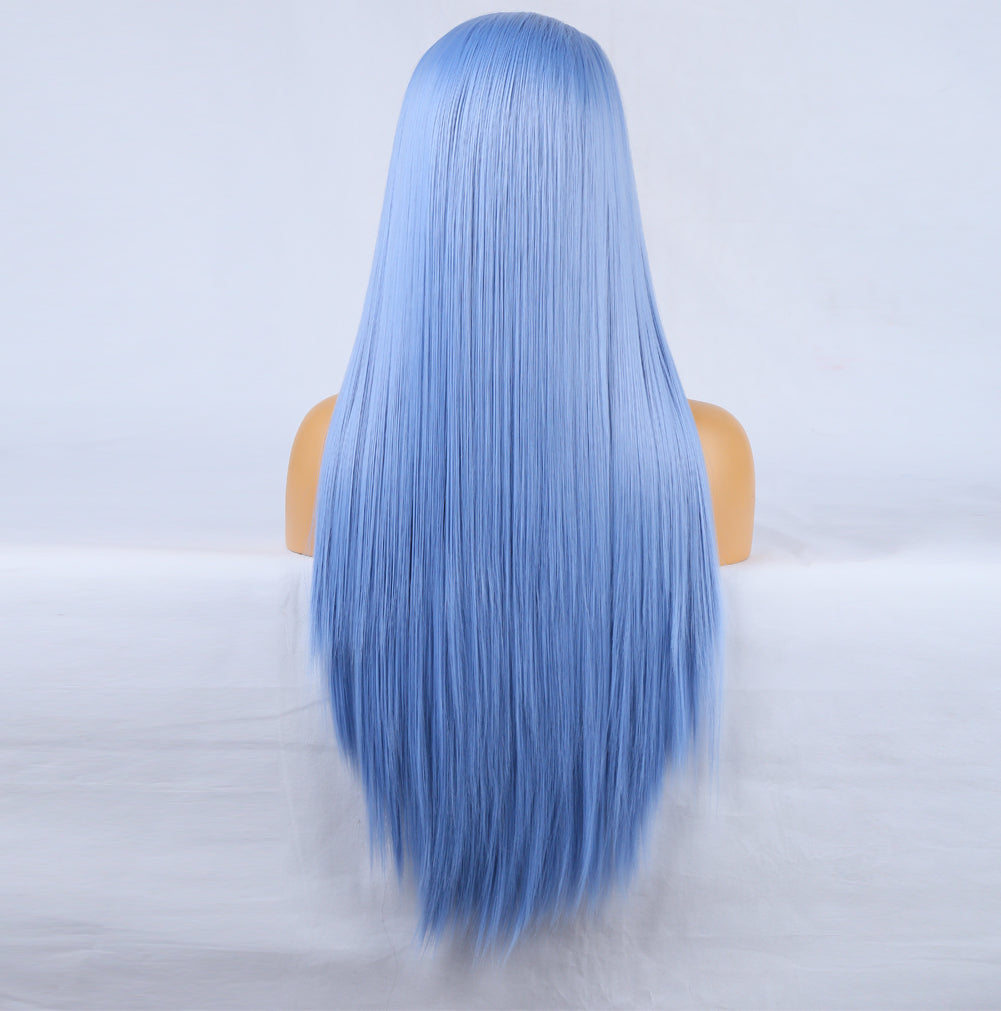 Fashion Hand Ditch 13 * 2.5 Chemical Fiber Front Lace Blue False Long Hair Head Cover Natural Hairline Wig eprolo