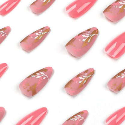 Manicure Autocollants pour Ongles Rose avec Pois, Feuille d'Or et Fleurs Blanches - Ongles Amovibles