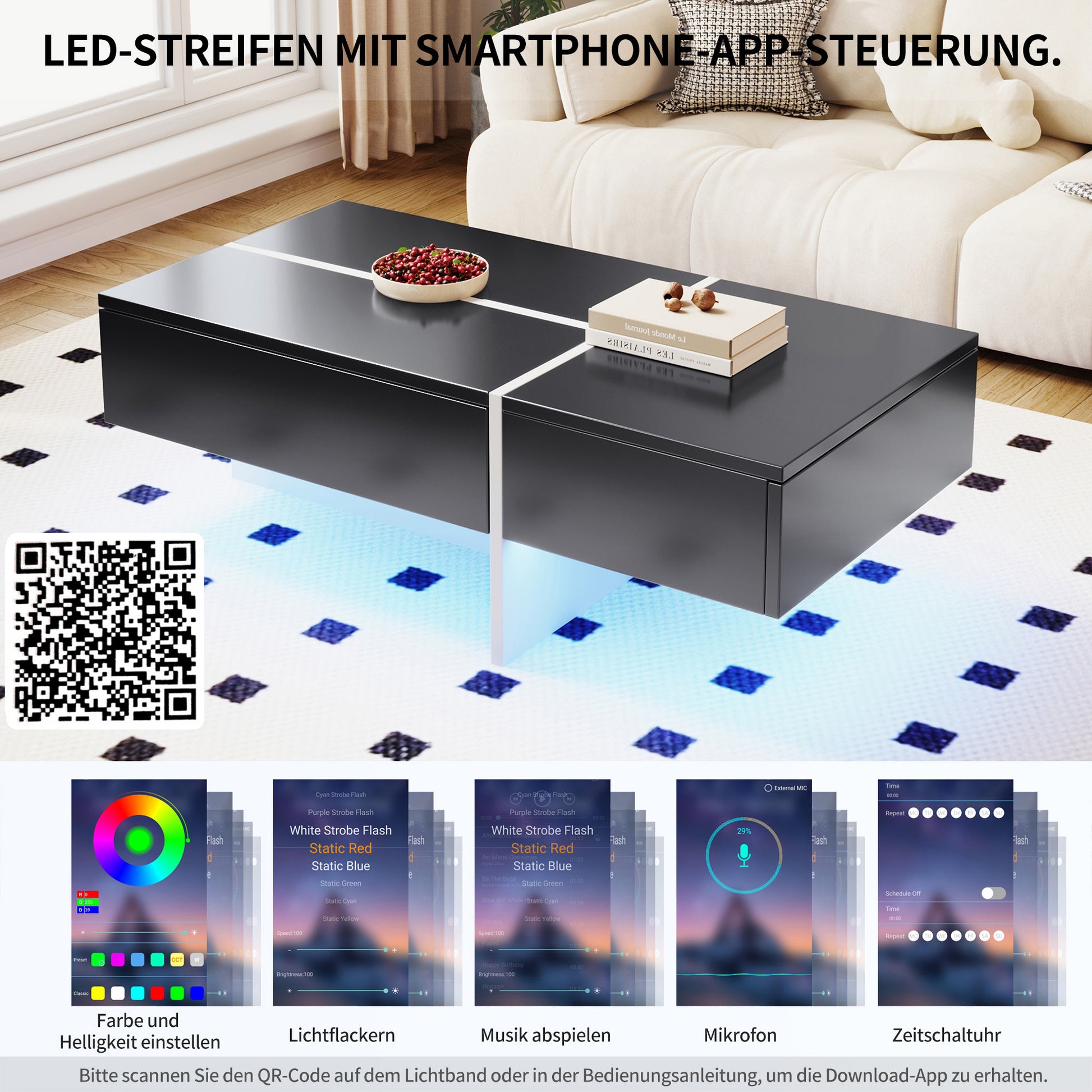 Table basse brillante, structure en imitation marbre blanc et table assortie en noir, meuble de salon, 100*50*34,5 cm, avec système d'éclairage LED contrôlé par application