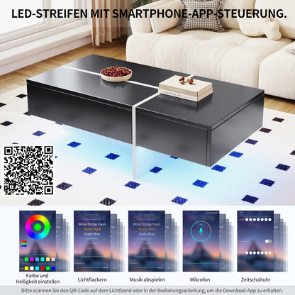 Table basse brillante, structure en imitation marbre blanc et table assortie en noir, meuble de salon, 100*50*34,5 cm, avec système d'éclairage LED contrôlé par application