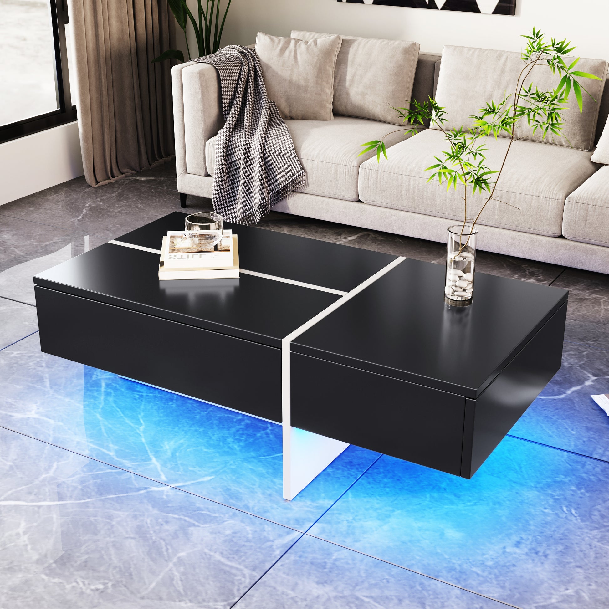 Table basse brillante, structure en imitation marbre blanc et table assortie en noir, meuble de salon, 100*50*34,5 cm, avec système d'éclairage LED contrôlé par application