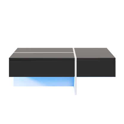 Table basse brillante, structure en imitation marbre blanc et table assortie en noir, meuble de salon, 100*50*34,5 cm, avec système d'éclairage LED contrôlé par application