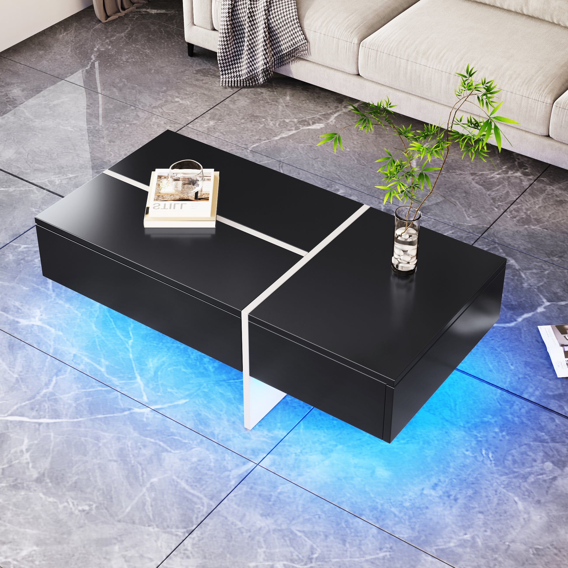 Table basse brillante, structure en imitation marbre blanc et table assortie en noir, meuble de salon, 100*50*34,5 cm, avec système d'éclairage LED contrôlé par application