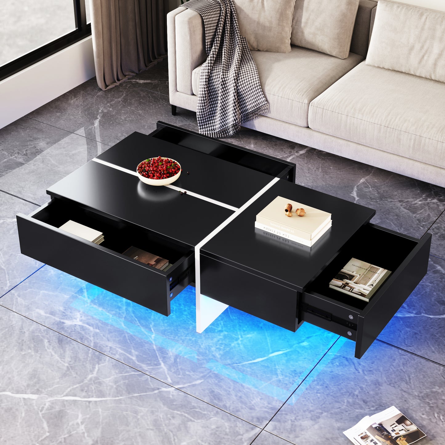 Table basse brillante, structure en imitation marbre blanc et table assortie en noir, meuble de salon, 100*50*34,5 cm, avec système d'éclairage LED contrôlé par application