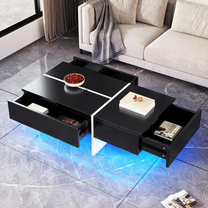 Table basse brillante, structure en imitation marbre blanc et table assortie en noir, meuble de salon, 100*50*34,5 cm, avec système d'éclairage LED contrôlé par application