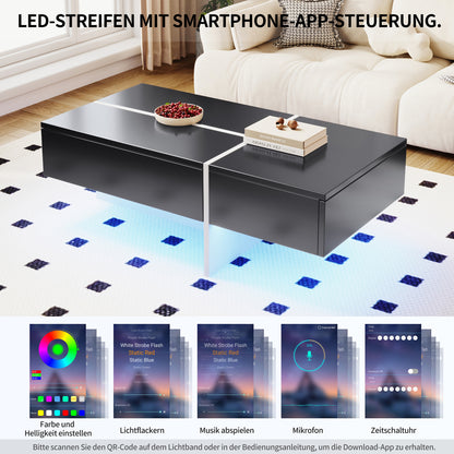 Table basse brillante, structure en imitation marbre blanc et table assortie en noir, meuble de salon, 100*50*34,5 cm, avec système d'éclairage LED contrôlé par application