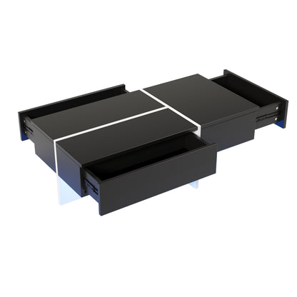 Table basse brillante, structure en imitation marbre blanc et table assortie en noir, meuble de salon, 100*50*34,5 cm, avec système d'éclairage LED contrôlé par application