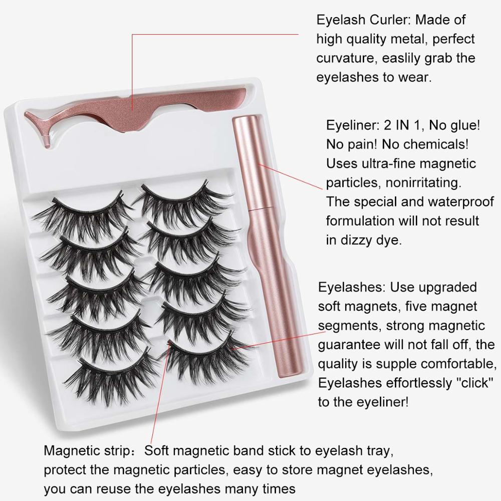 5 Pairs Magnetic Eyelashes Natural long Magnetic Eyeliner Magnetic False Eyelashes Tweezer Set Makeup Set Eyelash Extension eprolo