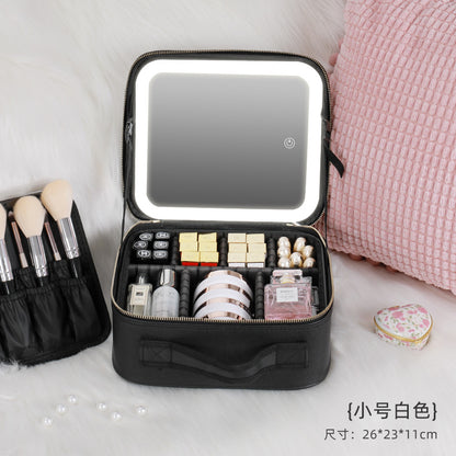 Bolsa de maquillaje iluminada de gran capacidad con espejo de pantalla completa