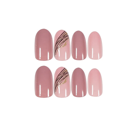 Uñas postizas profesionales – Almendra con línea dorada y loto rosa