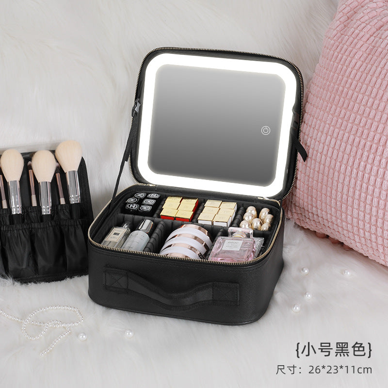 Bolsa de maquillaje iluminada de gran capacidad con espejo de pantalla completa