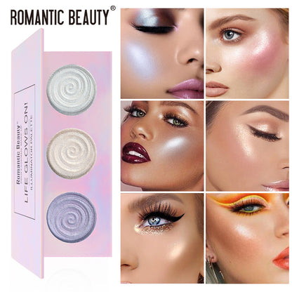 Paleta de iluminadores en polvo horneado de tres colores Romantic Beauty