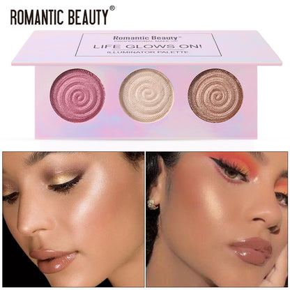 Paleta de iluminadores en polvo horneado de tres colores Romantic Beauty