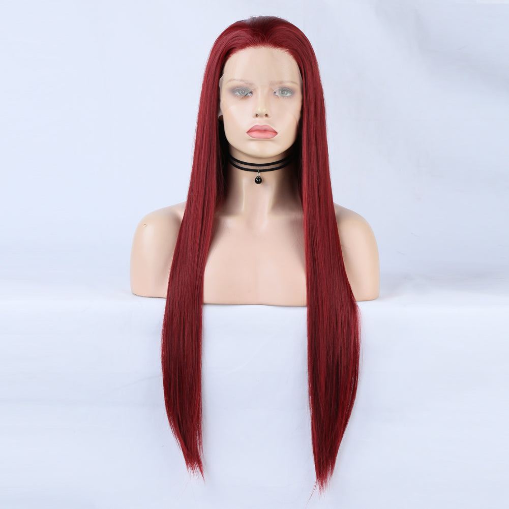 Fashion 13*2.5 Wine Red Wig Chemical Fiber Front Lace Wig Head Cover Natural Hairline eprolo