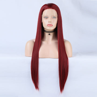 Fashion 13*2.5 Wine Red Wig Chemical Fiber Front Lace Wig Head Cover Natural Hairline eprolo