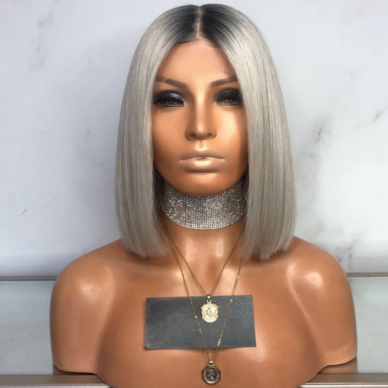 Peluca de mujer - Mitad negra mitad gris - Corte bobo recto - Cabello sintético