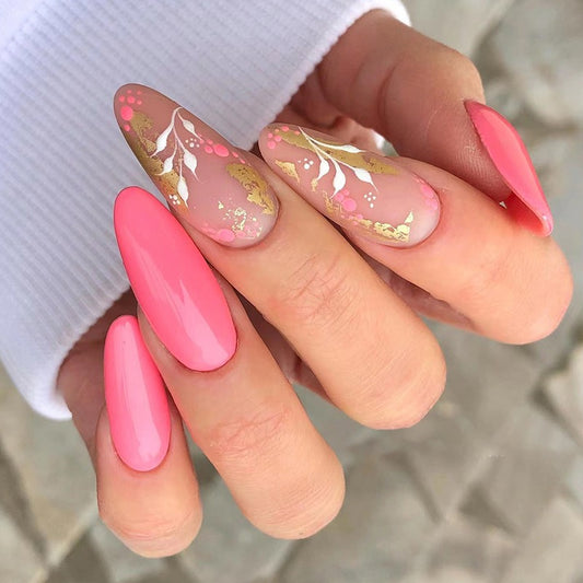 Pegatinas para uñas de manicura en color rosa con lunares, lámina dorada y flores blancas - Uñas extraíbles