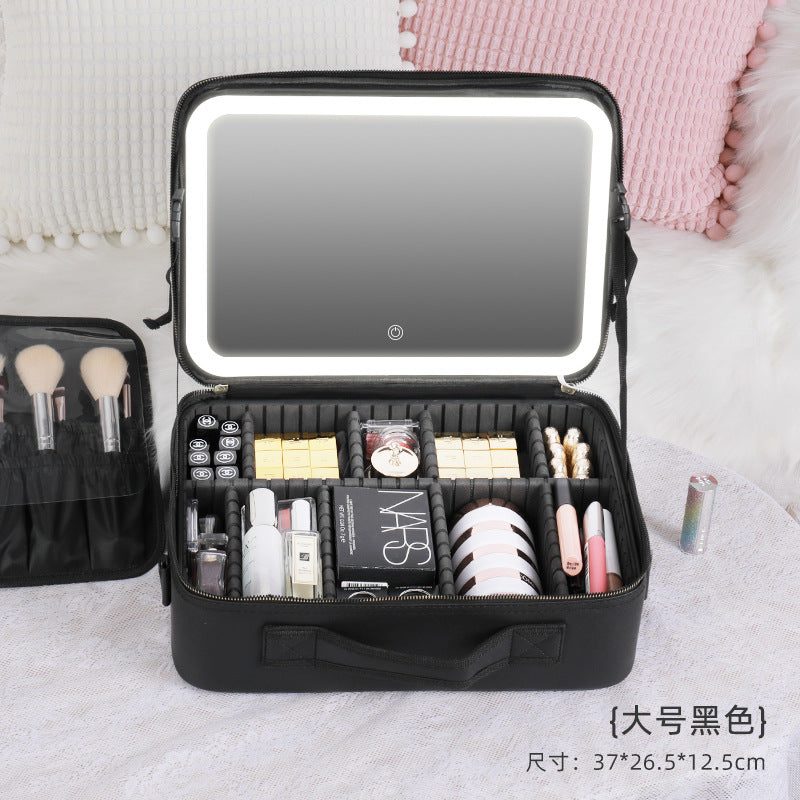 Bolsa de maquillaje iluminada de gran capacidad con espejo de pantalla completa