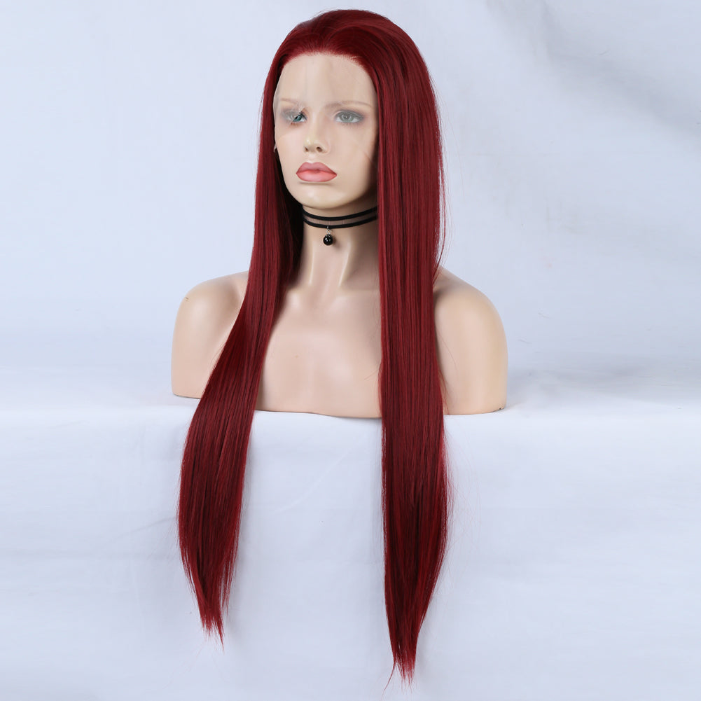 Fashion 13*2.5 Wine Red Wig Chemical Fiber Front Lace Wig Head Cover Natural Hairline eprolo