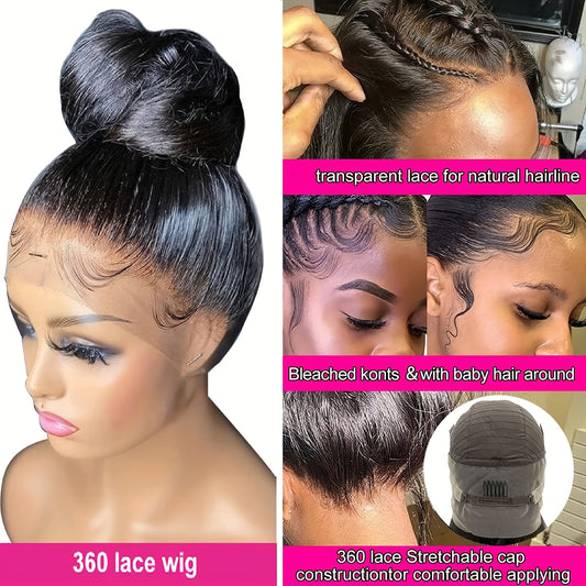 71.12 cm 360 Cheveux Raides Perruque Lace Frontal Cheveux Humains Pre Plucked Avec Cheveux De Bébé Pour Femmes 360 Perruques Lace Frontales Humaines HD Transparentes Entières Pour Débutants (40.64-91.44 cm, Couleur Naturelle) Afrotix