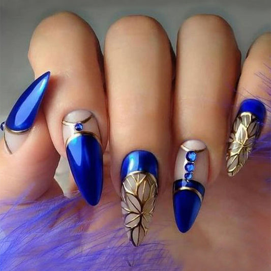 Parches de esmalte de uñas largos con diamantes dorados, parches de uñas portátiles