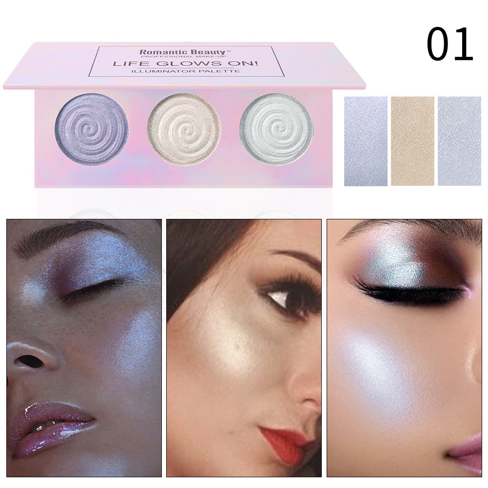 Paleta de iluminadores en polvo horneado de tres colores Romantic Beauty