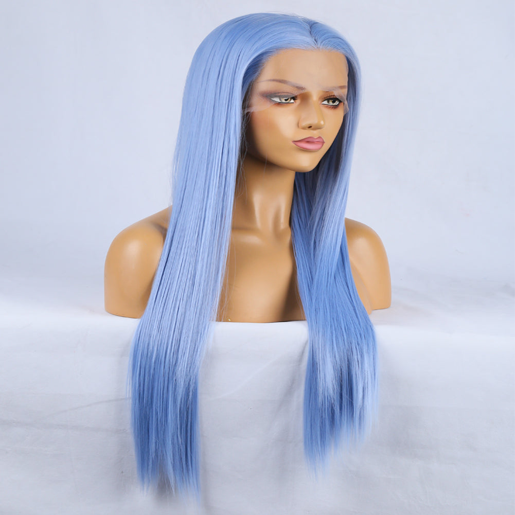 Fashion Hand Ditch 13 * 2.5 Chemical Fiber Front Lace Blue False Long Hair Head Cover Natural Hairline Wig eprolo