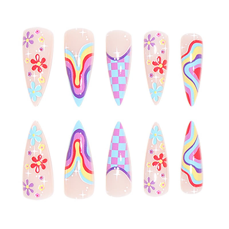 Faux ongles portables au style européen et américain, conçus avec des motifs multicolores