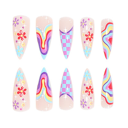 Faux ongles portables au style européen et américain, conçus avec des motifs multicolores