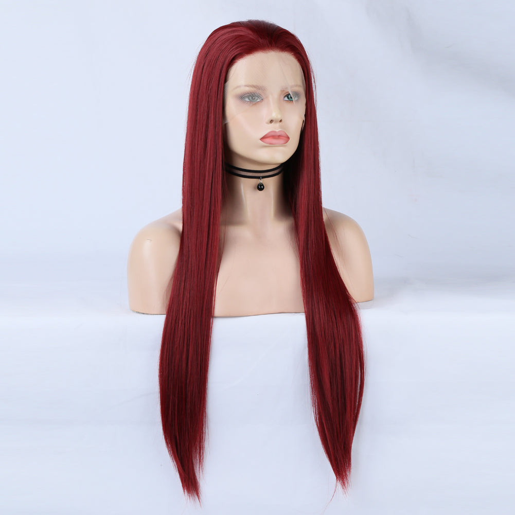 Fashion 13*2.5 Wine Red Wig Chemical Fiber Front Lace Wig Head Cover Natural Hairline eprolo