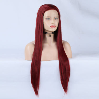Fashion 13*2.5 Wine Red Wig Chemical Fiber Front Lace Wig Head Cover Natural Hairline eprolo