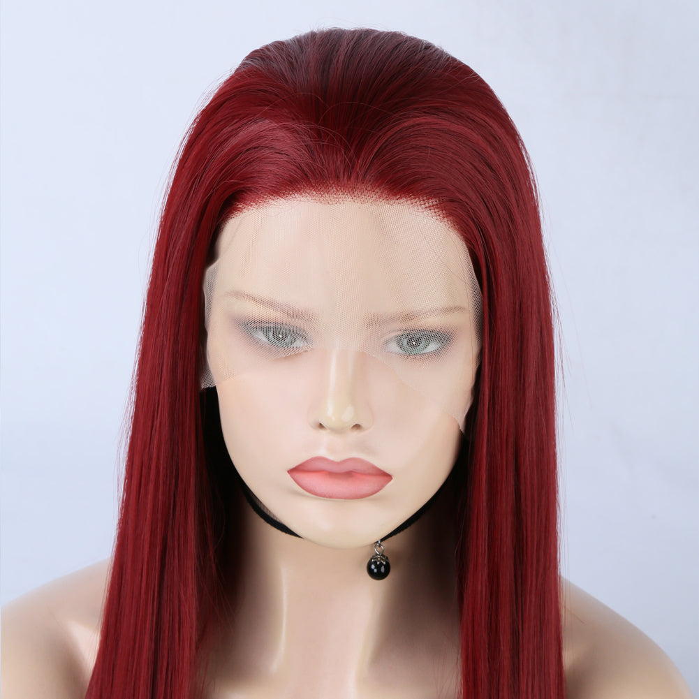 Fashion 13*2.5 Wine Red Wig Chemical Fiber Front Lace Wig Head Cover Natural Hairline eprolo