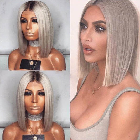 Perruque Femme - Mi-Noir Mi-Gris - Coupe Bobo Droite - Cheveux Synthétiques