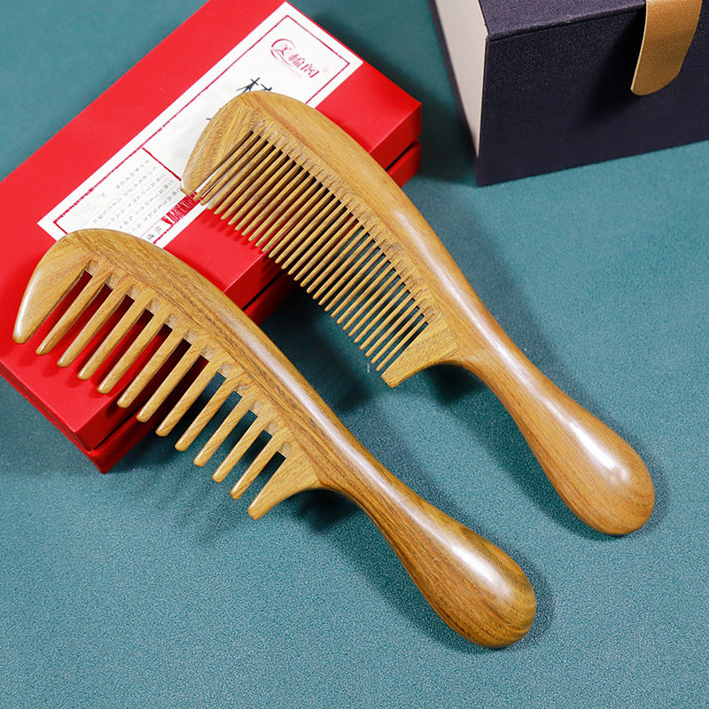 Jade Peigne à cheveux bouclés en bois de santal Peigne de massage Ménage Nécessités quotidiennes Peigne à dents larges Ménage pour femmes Manche à cheveux longs Peigne en bois de santal vert