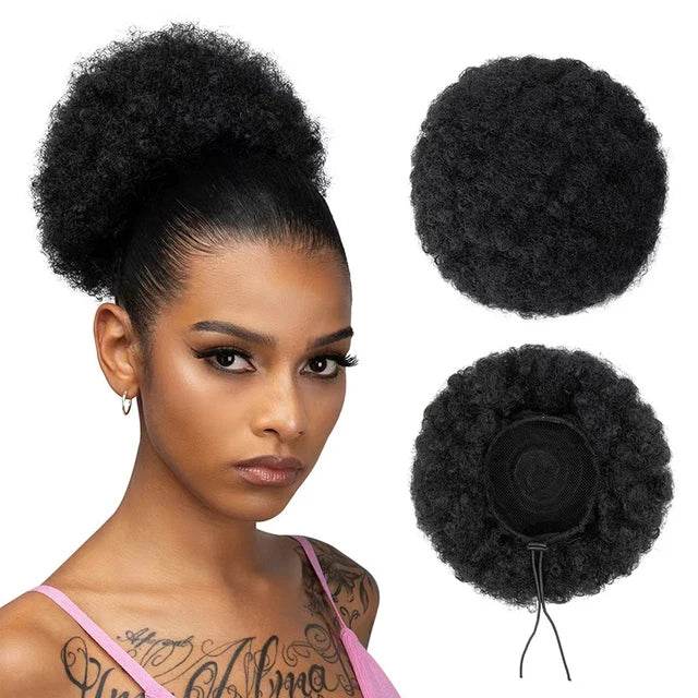 Synthetic Afro Puff Drawstring Ponytail Extension for Kids Black Women Short Kinky Curly Hair Bun With Clip In Hairpieces - Afrotix