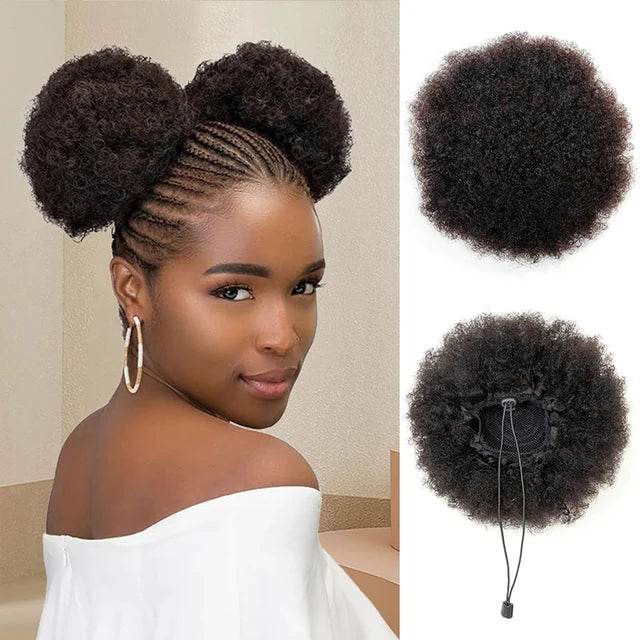 Synthetic Afro Puff Drawstring Ponytail Extension for Kids Black Women Short Kinky Curly Hair Bun With Clip In Hairpieces - Afrotix