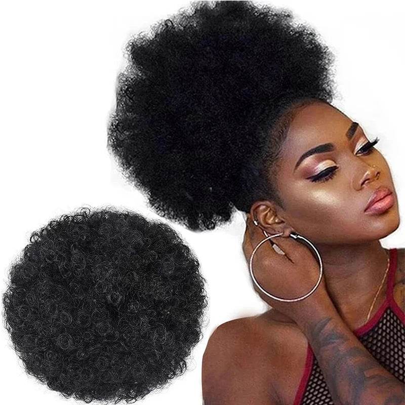 Synthetic Afro Puff Drawstring Ponytail Extension for Kids Black Women Short Kinky Curly Hair Bun With Clip In Hairpieces - Afrotix