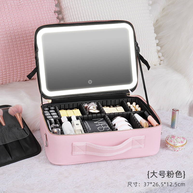 Bolsa de maquillaje iluminada de gran capacidad con espejo de pantalla completa