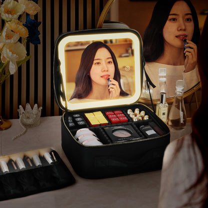 Bolsa de maquillaje iluminada de gran capacidad con espejo de pantalla completa