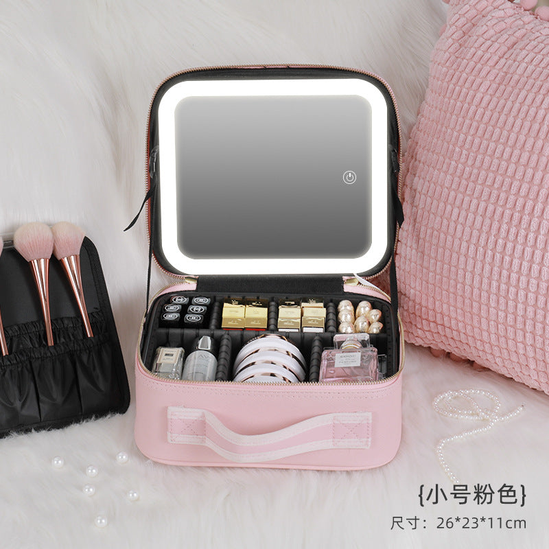 Bolsa de maquillaje iluminada de gran capacidad con espejo de pantalla completa